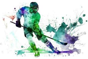 Sportsman playing hockey on watercolor rainbow splash. Neural network generated art photo