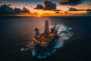 Aerial view offshore drilling rig jack up at the offshore location during sunset. Neural network generated art photo