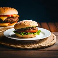 Juicy burger with fries and drink on a table new stock image quality food illustration desktop wallpaper. photo