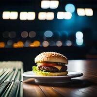 Juicy burger with fries and drink on a table new stock image quality food illustration desktop wallpaper.AI Generative photo