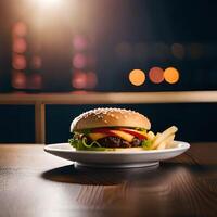 Juicy burger with fries and drink on a table new stock image quality food illustration desktop wallpaper. photo