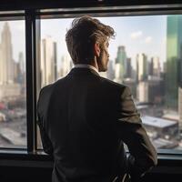 Back view of businessman suit standing at office looking at city through panoramic window. photo