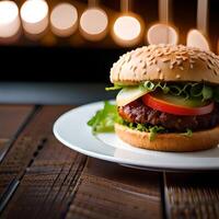 jugoso hamburguesa con papas fritas y bebida en un mesa nuevo valores imagen calidad comida ilustración escritorio fondo de pantalla. ai generativo foto