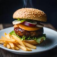 Juicy burger with fries and drink on a table new stock image quality food illustration desktop wallpaper. photo