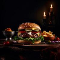 Delicious hamburger with fries and drinks on the table on the cafe background Product photography with nikon. fast food concept. photo