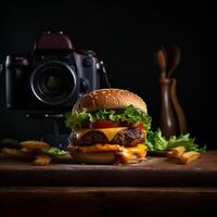 Delicious hamburger with fries and drinks on the table on the cafe background Product photography with nikon. fast food concept. AI Generative photo