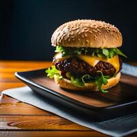 jugoso hamburguesa con papas fritas y bebida en un mesa nuevo valores imagen calidad comida ilustración escritorio fondo de pantalla. ai generativo foto