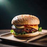 jugoso hamburguesa con papas fritas y bebida en un mesa nuevo valores imagen calidad comida ilustración escritorio fondo de pantalla.ai generativo foto