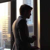 Back view of businessman suit standing at office looking at city through panoramic window. photo