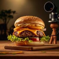 delicioso hamburguesa con papas fritas y bebidas en el mesa en el café antecedentes producto fotografía con nikon rápido comida concepto. ai generativo foto