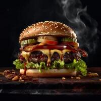 delicioso hamburguesa con papas fritas y bebidas en el mesa en el café antecedentes producto fotografía con nikon rápido comida concepto. ai generativo foto