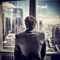 Back view of businessman suit standing at office looking at city through panoramic window. photo