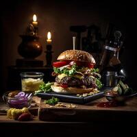 Delicious hamburger with fries and drinks on the table on the cafe background Product photography with nikon. fast food concept. photo