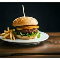 Juicy burger with fries and drink on a table new stock image quality food illustration desktop wallpaper. Ai Generative photo