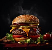 Delicious hamburger with fries and drinks on the table on the cafe background Product photography with nikon. fast food concept. photo