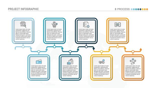 Horizontal timeline or flowchart with eight square elements and space for data. Concept of 8 successive steps of company process. vector
