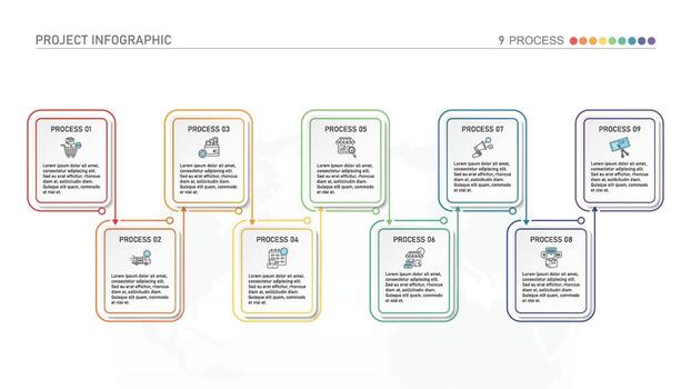 Horizontal timeline or flowchart with nine square elements and space for data. Concept of 9 successive steps of company process. vector
