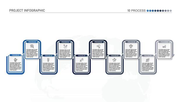 Horizontal timeline or flowchart with ten square elements and space for data. Concept of 09 successive steps of company process. vector