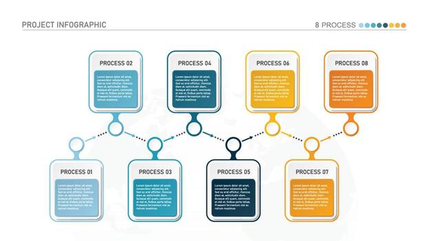 Horizontal timeline or flowchart with eight square elements and space for data. Concept of 8 successive steps of company process. vector