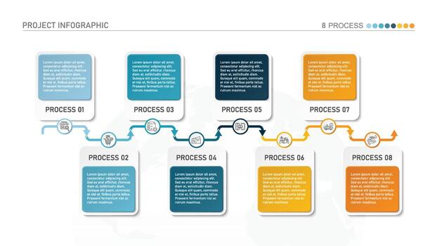 Horizontal timeline or flowchart with eight square elements and space for data. Concept of 8 successive steps of company process. vector