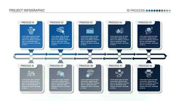 horizontal cronograma o diagrama de flujo con diez cuadrado elementos y espacio para datos. concepto de 10 sucesivo pasos de empresa proceso. vector