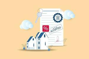 hipoteca contrato concepto. firmado hipoteca Velocidad documento acuerdo con banco sello y casa teclas.vector ilustración. vector