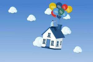 casa con globos manojo volador en el cielo. real inmuebles adquisitivo, Moviente casa y casa calentamiento concepto. vector ilustración.