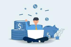 Earn money online. Man working online with a computer and coins. Freelancer making money from home, earn in internet, success, remote work. Earning, spending and save money concept.vector illustration vector