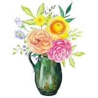 Bright flower bouquet in a clay vase, watercolor vector