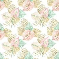 Seamless pattern in boho style, anthurium and palm leaves in watercolor vector