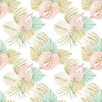 Seamless pattern in boho style, anthurium and palm leaves in watercolor vector