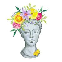 Vase in the form of a plaster female head with flowers, summer bouquet, watercolor vector