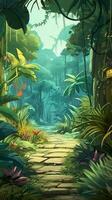 Art, beautifully detailed jungle scenery in the game's cartoon-style illustration, with hints of fantasy and magic, captures the tropical essence and mystery of the world within the game. Generate AI. photo