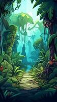 arte, hermosamente detallado selva paisaje en el juegos estilo de dibujos animados ilustración, con pistas de fantasía y magia, capturas el tropical esencia y misterio de el mundo dentro el juego. generar ai. foto