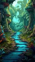 Art, beautifully detailed jungle scenery in the game's cartoon-style illustration, with hints of fantasy and magic, captures the tropical essence and mystery of the world within the game. Generate AI. photo