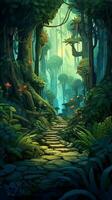 arte, hermosamente detallado selva paisaje en el juegos estilo de dibujos animados ilustración, con pistas de fantasía y magia, capturas el tropical esencia y misterio de el mundo dentro el juego. generar ai. foto