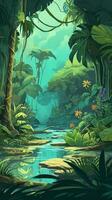 arte, hermosamente detallado selva paisaje en el juegos estilo de dibujos animados ilustración, con pistas de fantasía y magia, capturas el tropical esencia y misterio de el mundo dentro el juego. generar ai. foto