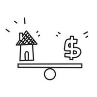 hand drawn doodle money coin compare house on weighing scale illustration vector