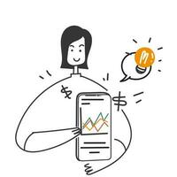 hand drawn doodle online trading with mobile phone illustration vector