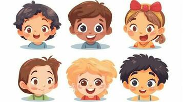 el conjunto de alegre dibujos animados caracteres con brillante sonrisas y expresivo caras trajo inmenso alegría y divertido a el niños en el vibrante ilustración. foto