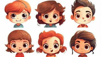 The set of cheerful cartoon characters with bright smiles and expressive faces brought immense joy and fun to the children in the vibrant illustration. photo