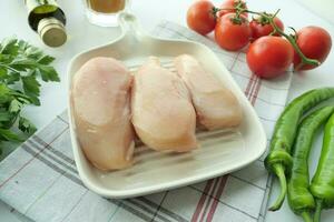 raw breast chicken meat on a plate on white background photo