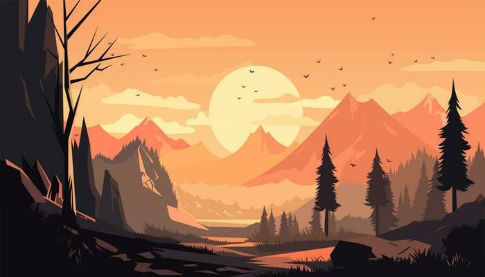 Flat minimalistic design. Panorama of a mountain landscape. Easy to change colors.