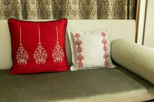 Ancient Style of Two Fabric Pillow on the Sofa photo