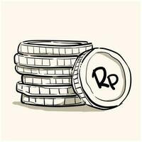 Stack of Coins Doodle Rupiah, a hand drawn vector doodle illustration of a stack of gold coins with Rupiah currency sign on it.