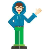 Boy in blue hoodie showing something. flat style vector illustration
