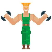 Man lifting dumbbell with angry expression. Flat style vector illustration