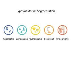 5 type of market segmentation to define their ideal customer profile or ICP are demographic, psychographic, geographic, Firmographic and behavior vector