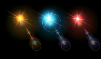 Vector set of Lens flare isolated on black background. Different light collection.