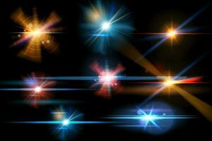 Vector set of Lens flare isolated on black background. Different light collection.